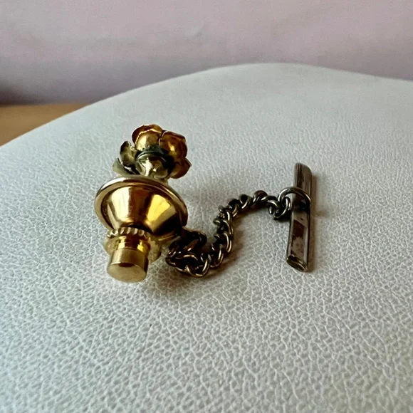 VINTAGE SOLID 14K YELLOW GOLD ROSE FLOWER PEARL TIE LAPEL PIN RARE UNUSUAL